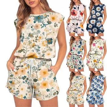 Женский комбинезон с цветочным принтом, весна-лето, рукава-крылышки, регулируемая талия на шнурке, удобный повседневный короткий комбинезон с карманами L бежевый