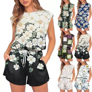 Женский комбинезон с цветочным принтом, весна-лето, рукава-крылышки, регулируемая талия на шнурке, удобный повседневный короткий комбинезон с карманами L армия зеленый