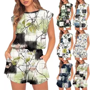 Женский комбинезон с цветочным принтом, весна-лето, рукава-крылышки, регулируемая талия на шнурке, удобный повседневный короткий комбинезон с карманами L армия зеленый