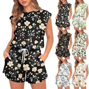 Женский комбинезон с цветочным принтом, весна-лето, рукава-крылышки, регулируемая талия на шнурке, удобный повседневный короткий комбинезон с карманами L армия зеленый