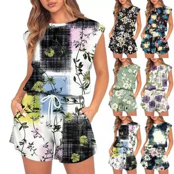 Женский комбинезон с цветочным принтом, весна-лето, рукава-крылышки, регулируемая талия на шнурке, удобный повседневный короткий комбинезон с карманами L чёрный