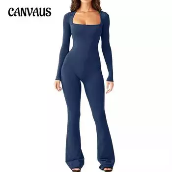Женский комбинезон с длинными рукавами, подтягивающим живот и талией, с квадратным вырезом и широкими штанинами, эластичный комбинезон