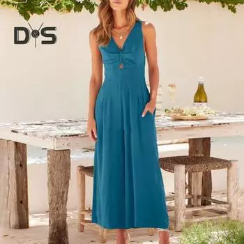 Женский комбинезон с глубоким v-образным вырезом, широкими штанинами и глубокой промежностью, однотонный, без рукавов, полые карманы, высокая талия, мягкий дышащий женский летний комбинезон L синий