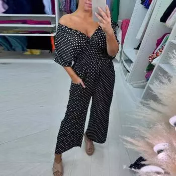 Женский комбинезон с глубоким вырезом, V-образным вырезом и открытыми плечами, большие размеры, эластичная высокая талия, короткие рукава, карманы, широкие брюки M синий