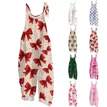 Женский комбинезон с карнавальным принтом, свободный, винтажный, на бретелях, хлопок, лен L