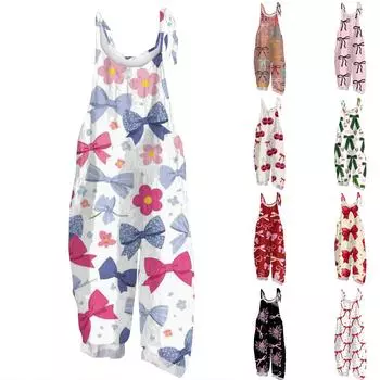 Женский комбинезон с карнавальным принтом, свободный, винтажный, на бретелях, хлопок, лен L чёрный