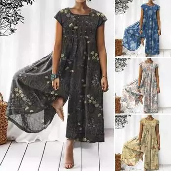 Женский комбинезон с короткими рукавами и круглым вырезом в стиле ретро, широкий комбинезон, дышащий цельный свободный наряд для M синий