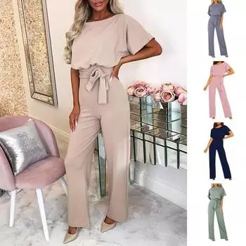 Женский комбинезон с короткими рукавами, поясом на талии, прямые широкие брюки, повседневный комбинезон с круглым вырезом L темно-синий