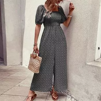 Женский комбинезон с квадратным вырезом, цветочным принтом, короткими рукавами и широкими брюками, летний повседневный комбинезон, цельный комплект для дома S