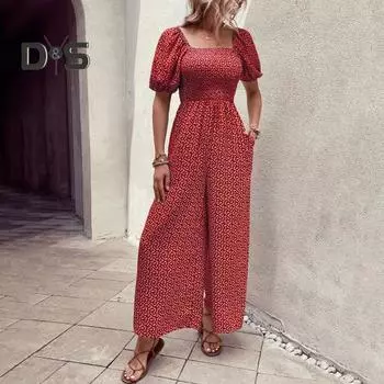 Женский комбинезон с квадратным вырезом, цветочным принтом, короткими рукавами и широкими брюками, летний повседневный комбинезон, цельный комплект для дома S зелёный