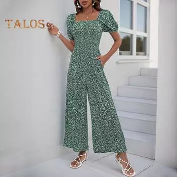 Женский комбинезон с квадратным вырезом, цветочным принтом, короткими рукавами и широкими брюками, летний повседневный комбинезон, цельный комплект для дома S красный