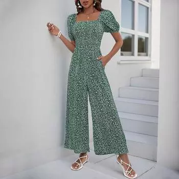 Женский комбинезон с квадратным вырезом и цветочным принтом, короткие рукава, широкие брюки, летний комбинезон S зелёный