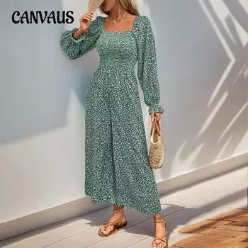 Женский комбинезон с квадратным вырезом, рукавами-фонариками, широкими брюками, длинными рукавами, цветочным принтом в курортном стиле S зелёный