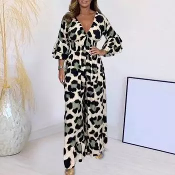 Женский комбинезон с леопардовым принтом, широкий крой, V-образный вырез, средний рукав, большие размеры, рюши в стиле пэчворк, высокая талия, свободный длинный комбинезон во всю длину для поездок на работу, пляжный выпускной вечер, длинный комбинезон XXX