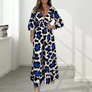 Женский комбинезон с леопардовым принтом, широкий крой, V-образный вырез, средний рукав, большие размеры, рюши в стиле пэчворк, высокая талия, свободный длинный комбинезон во всю длину для поездок на работу, пляжный выпускной вечер, длинный комбинезон M к