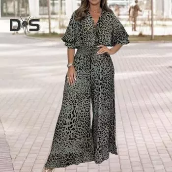 Женский комбинезон с леопардовым принтом, широкий крой, V-образный вырез, средний рукав, рюши, пэчворк, высокая талия, свободный длинный комбинезон для поездок на работу, пляжный длинный комбинезон 2XL
