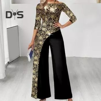 Женский комбинезон с лоскутным цветочным принтом, имитация двух частей, широкие штанины, рукав три четверти, круглый вырез, нестандартный мягкий дышащий осенний комбинезон L золотистый