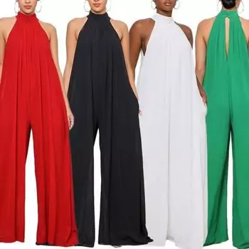 Женский комбинезон с лямкой на шее и широкими штанинами, летний шифоновый комбинезон с открытыми плечами, уличная одежда S белый