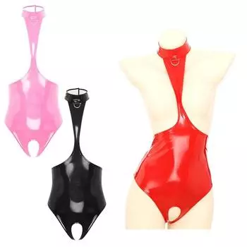 Женский комбинезон с открытой грудью и лямкой на шее, цельный кожаный комбинезон без рукавов, боди в стиле Babydoll, нижнее белье с вырезами S