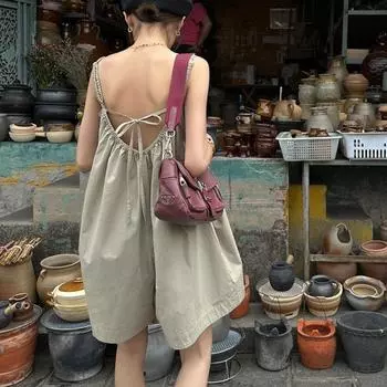 Женский комбинезон с открытой спиной, летний, с широкими штанинами, дышащий, для отдыха, в стиле Ins, модный, на бретелях, уличный, темпераментный XXL чёрный