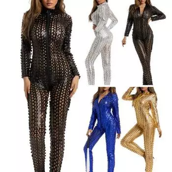 Женский комбинезон с открытыми отверстиями, однотонный, облегающий, мягкий, эластичный, на молнии, с длинным воротником-стойкой L серебряный