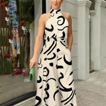 Женский комбинезон с открытыми плечами, бретелькой на шее, без рукавов, в тон, с принтом, с широкими штанинами, с высокими облегающими принтами S белый