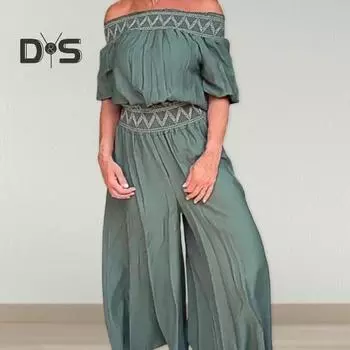 Женский комбинезон с открытыми плечами и широкими штанинами с принтом и эластичной резинкой на талии, плиссированные с короткими рукавами, сплошной цвет, длинный комбинезон для покупок и свиданий XL чёрный