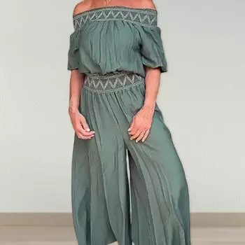 Женский комбинезон с открытыми плечами и широкими штанинами с принтом и эластичной резинкой на талии, плиссированные с короткими рукавами, сплошной цвет, длинный комбинезон для покупок и свиданий XL чёрный