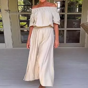 Женский комбинезон с открытыми плечами и широкими штанинами с принтом и эластичной резинкой на талии, плиссированные с короткими рукавами, сплошной цвет, длинный комбинезон для покупок и свиданий XL чёрный