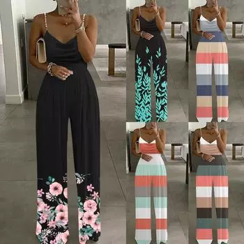 Женский комбинезон с открытыми плечами и жемчужными подтяжками без рукавов с принтом, повседневный комбинезон на молнии с широкими штанинами L чёрный