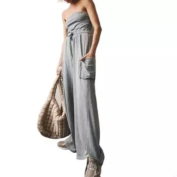 Женский комбинезон с открытыми плечами, однотонный, с карманами, повседневный, облегающий, с завязками, без рукавов, комбинезон для XL серый