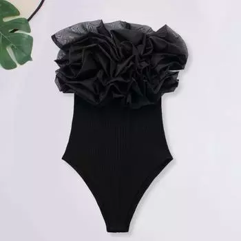 Женский комбинезон с открытыми плечами в рубчик, вязаный комбинезон с цветочным декором, обтягивающий комбинезон без рукавов, однотонный женский комбинезон L чёрный