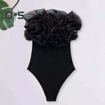 Женский комбинезон с открытыми плечами в рубчик, вязаный комбинезон с цветочным декором, обтягивающий комбинезон без рукавов, однотонный женский комбинезон L чёрный