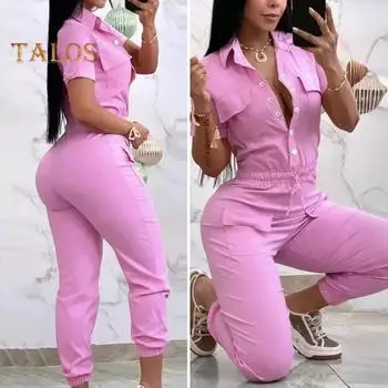 Женский комбинезон с отложным воротником, облегающий полуоднобортный комбинезон с короткими рукавами и несколькими карманами, с высокой эластичной талией, однотонный комбинезон в стиле карго S розовый