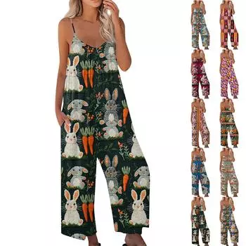 Женский комбинезон с пасхальным принтом, повседневный свободный комбинезон с регулируемыми подтяжками L синий