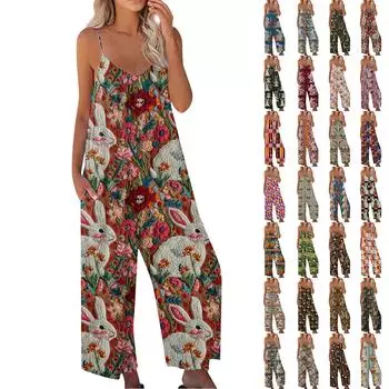 Женский комбинезон с пасхальным принтом, повседневный свободный комбинезон с регулируемыми подтяжками One size чёрный