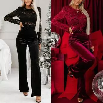 Женский комбинезон с поясом, ажурным кружевом, цветочной вышивкой, круглым вырезом, длинными рукавами, облегающий крой, с открытой спиной, для клубной вечеринки, цельный наряд XL красный