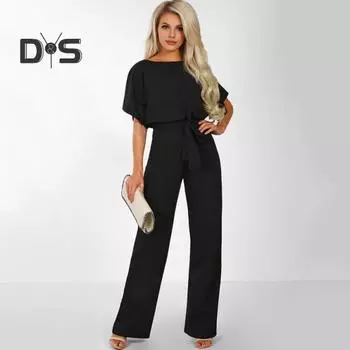 Женский комбинезон с поясом на шнуровке, широкие штанины, короткие рукава, однотонный цвет, О-образный вырез, высокая талия, повседневный деловой длинный комбинезон S чёрный