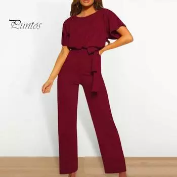 Женский комбинезон с поясом на шнуровке, широкие штанины, короткие рукава, однотонный цвет, О-образный вырез, высокая талия, повседневный деловой длинный комбинезон S вино красного