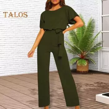 Женский комбинезон с поясом на шнуровке, широкие штанины, короткие рукава, однотонный цвет, О-образный вырез, высокая талия, повседневный деловой длинный комбинезон S армия зеленый