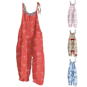 Женский комбинезон с принтом бантов, свободные повседневные брюки из хлопка и льна сзади в винтажном стиле L синий