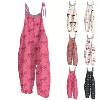 Женский комбинезон с принтом бантов, свободные повседневные брюки из хлопка и льна сзади в винтажном стиле L бежевый