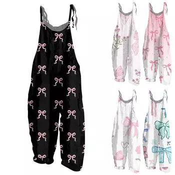 Женский комбинезон с принтом бантов, свободные повседневные брюки из хлопка и льна сзади в винтажном стиле L чёрный