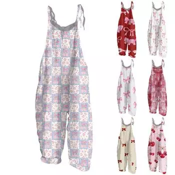 Женский комбинезон с принтом бантов, свободные повседневные брюки из хлопка и льна сзади в винтажном стиле L горячий розовый