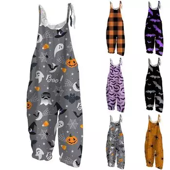 Женский комбинезон с принтом Хэллоуина, повседневный свободный винтажный комбинезон из хлопка и льна M