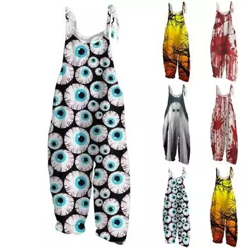 Женский комбинезон с принтом Хэллоуина, повседневный свободный винтажный комбинезон из хлопка и льна L киноварь