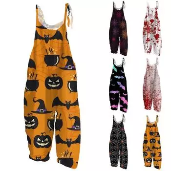 Женский комбинезон с принтом Хэллоуина, повседневный свободный винтажный комбинезон из хлопка и льна XL чёрный