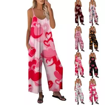 Женский комбинезон с принтом на День святого Валентина, повседневный свободный комбинезон с регулируемыми подтяжками L чёрный