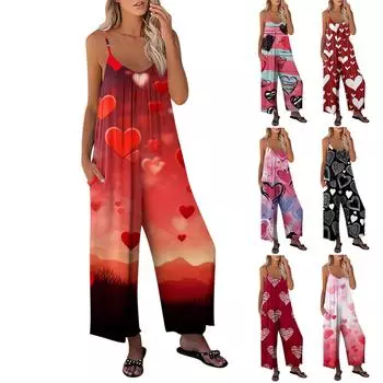 Женский комбинезон с принтом на День святого Валентина, повседневный свободный комбинезон с регулируемыми подтяжками L