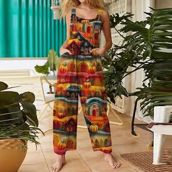 Женский комбинезон с принтом на Хэллоуин, повседневный, свободный, в стиле ретро, из хлопка и льна, комбинезон с карманами L шафрановый